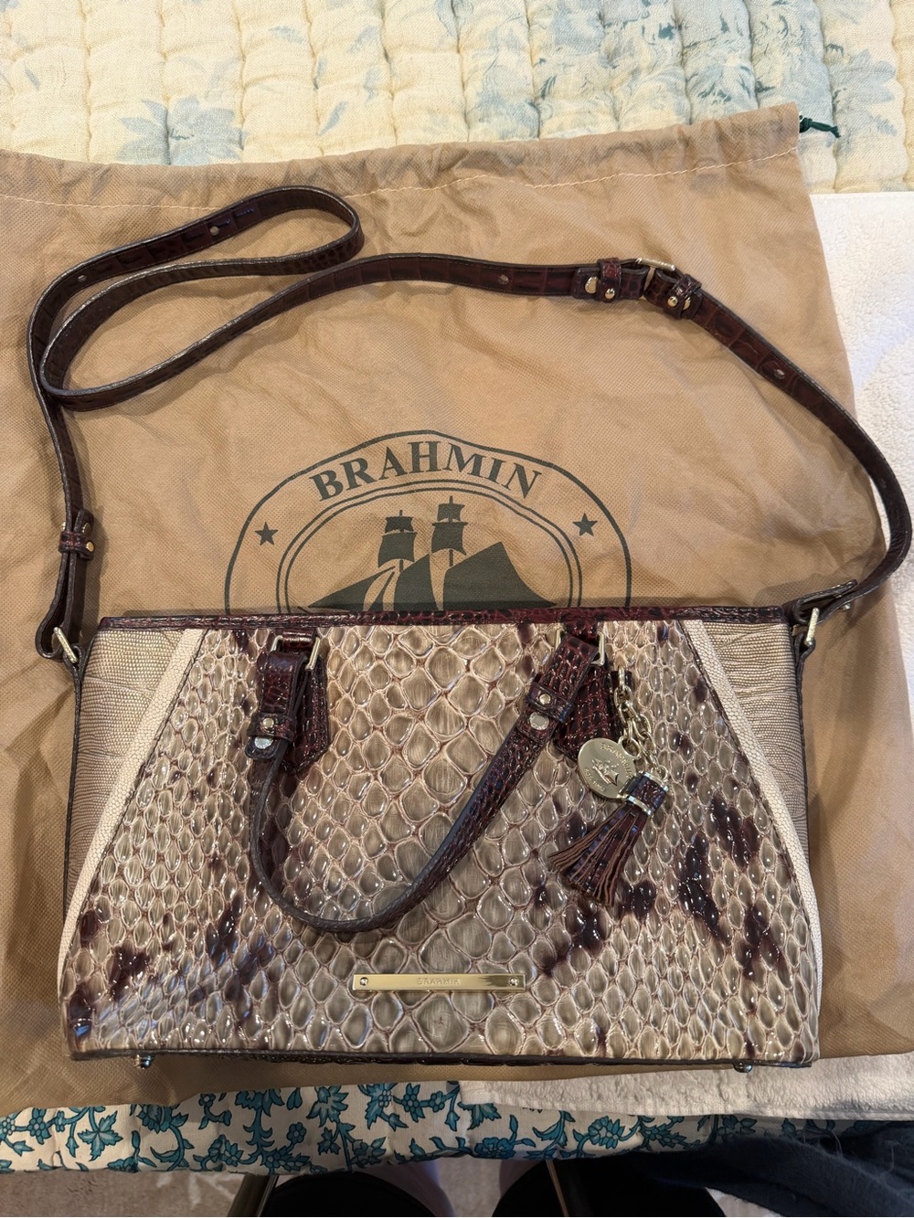 Brahmin Taupe and Dark Brown Python-Embossed Satchel with Tassel Charm
